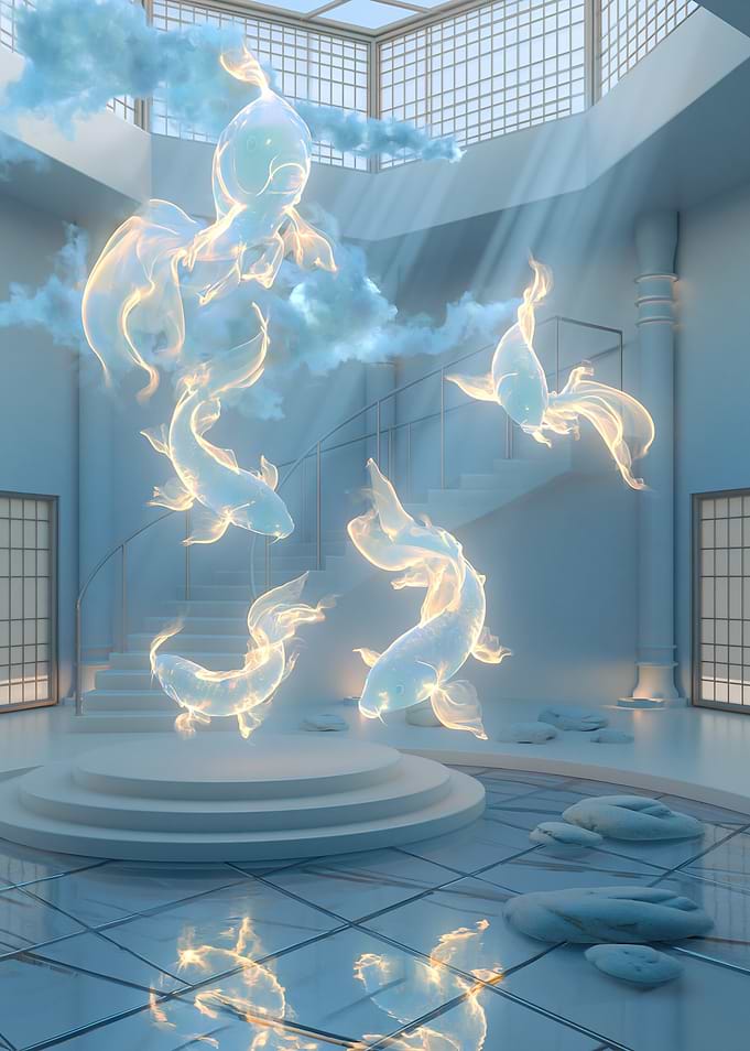 Ethereal Koi Fish in a Zen Room