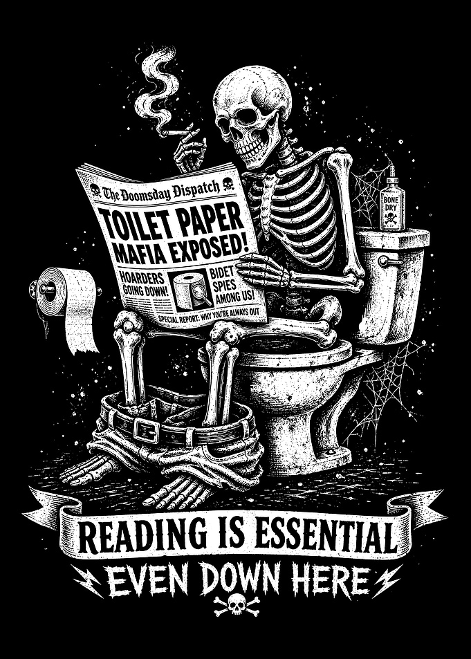 Skeleton reading toilet paper news