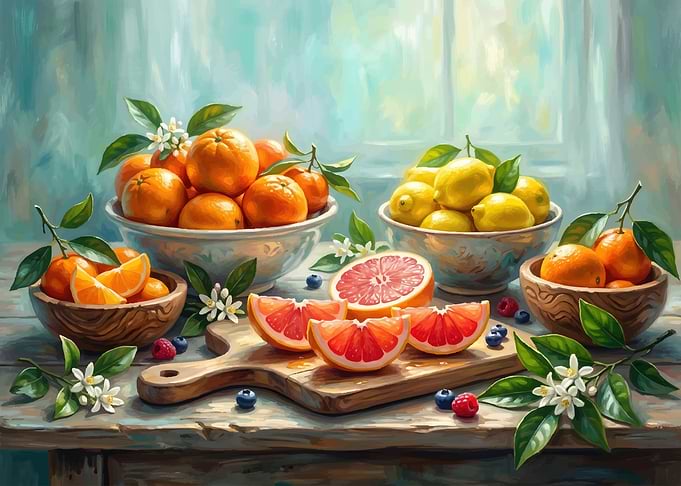 Still life of citrus fruits and berries
