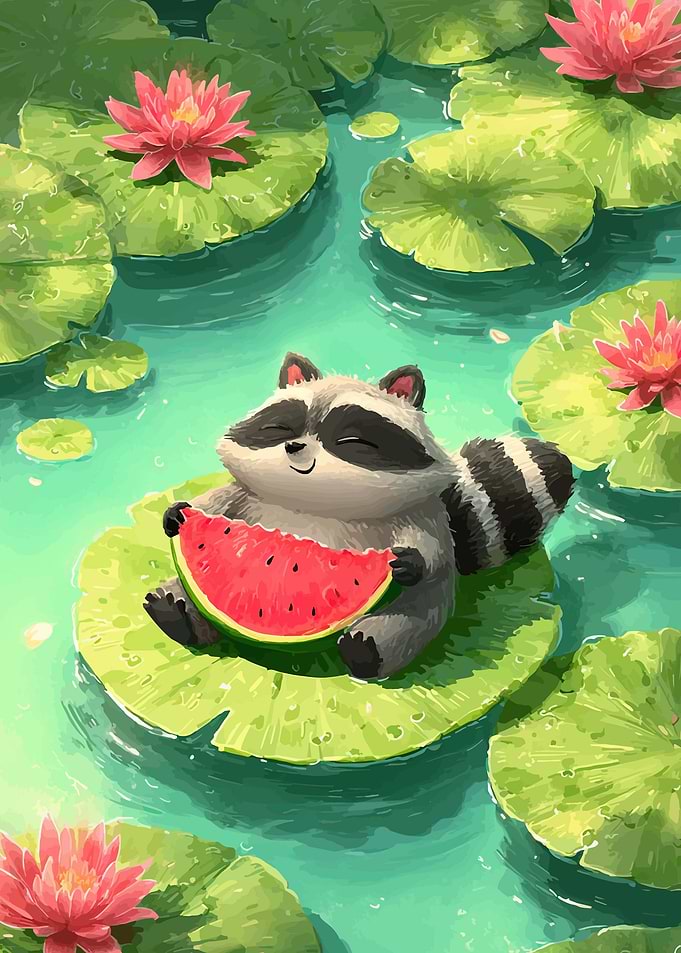 Cute Raccoon Eating Watermelon on Lily Pad