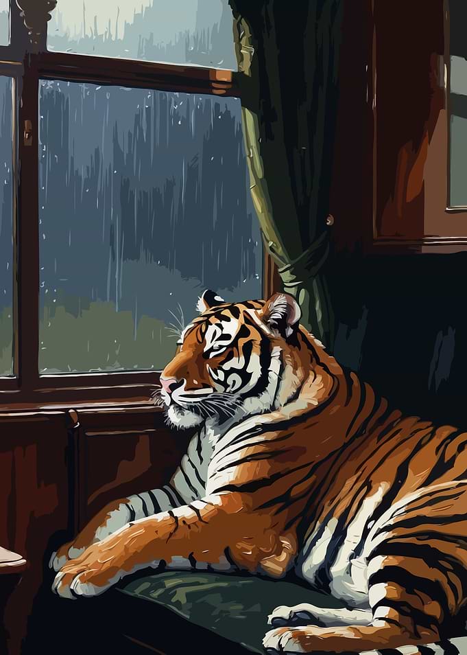Tiger looking out a rainy window