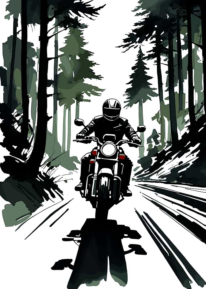 Motorcyclist riding through a forest