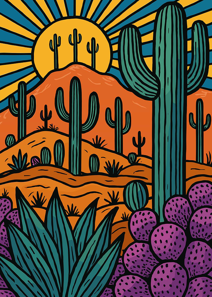 Desert Cactus Poster, Boho Sunset Wall Art, Vibrant Southwest Landscape Print