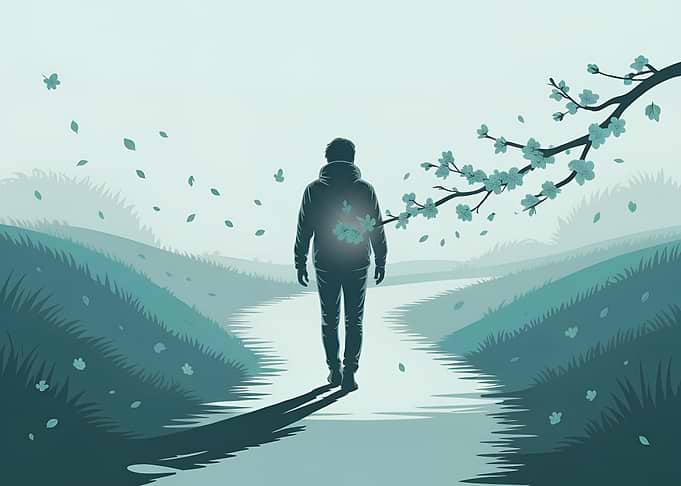Person walking on a path with falling leaves