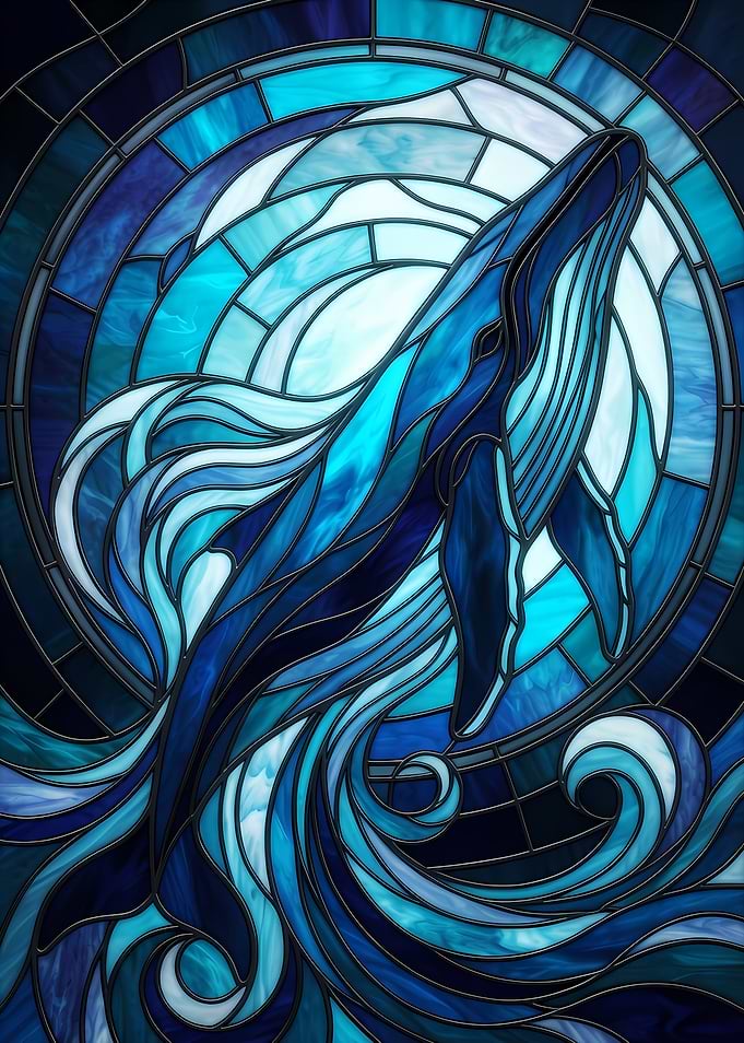 Stained Glass Whale in Ocean Waves