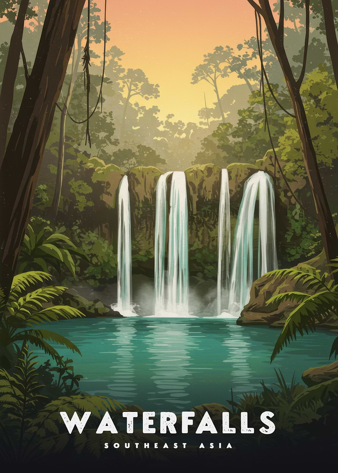 Southeast Asia Waterfalls Poster