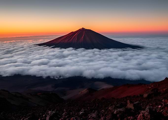 Volcano above clouds at sunset