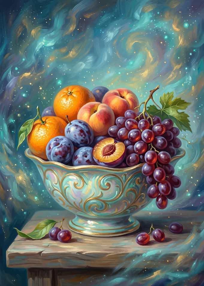 Still Life Fruit Bowl with Cosmic Background