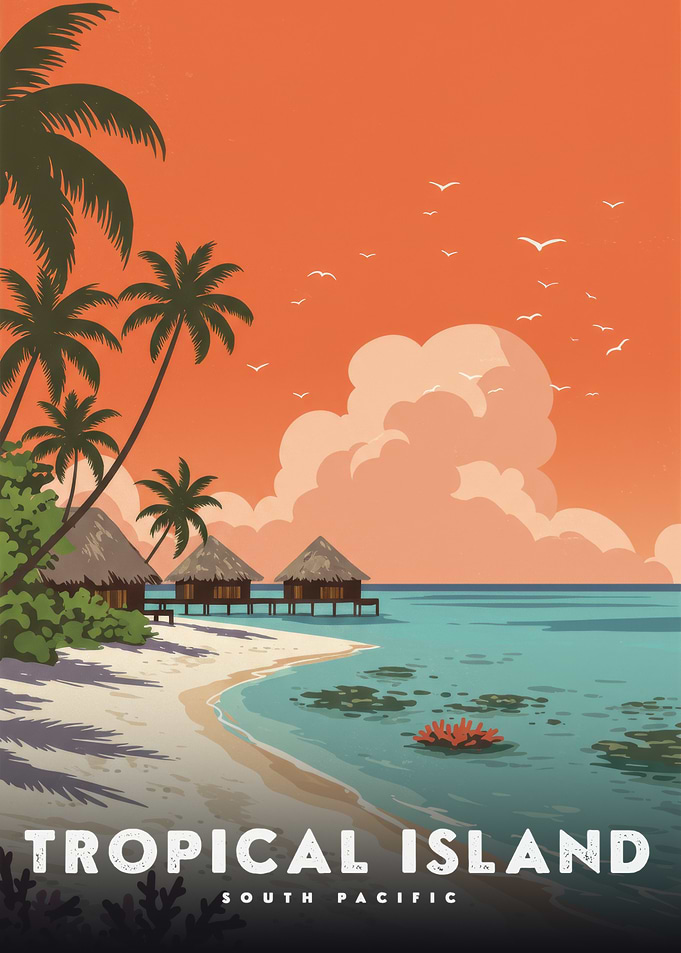 Tropical Island Sunset with Overwater Bungalows