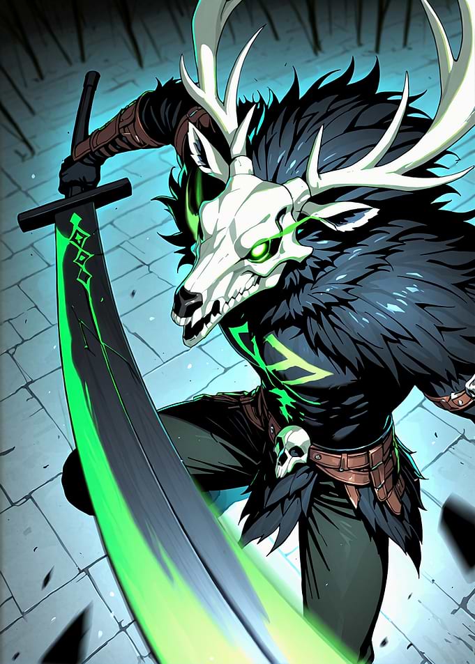 Fantasy Warrior with Antlers and Glowing Sword