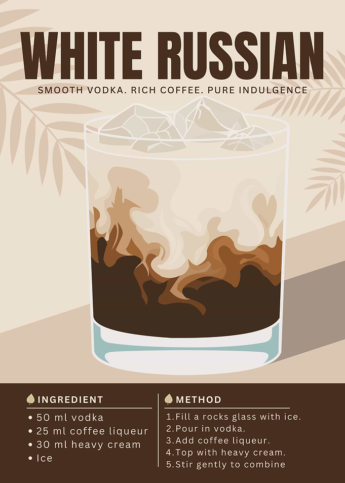 White Russian Cocktail Poster – Minimalist Coffee & Vodka Art in Retro Style