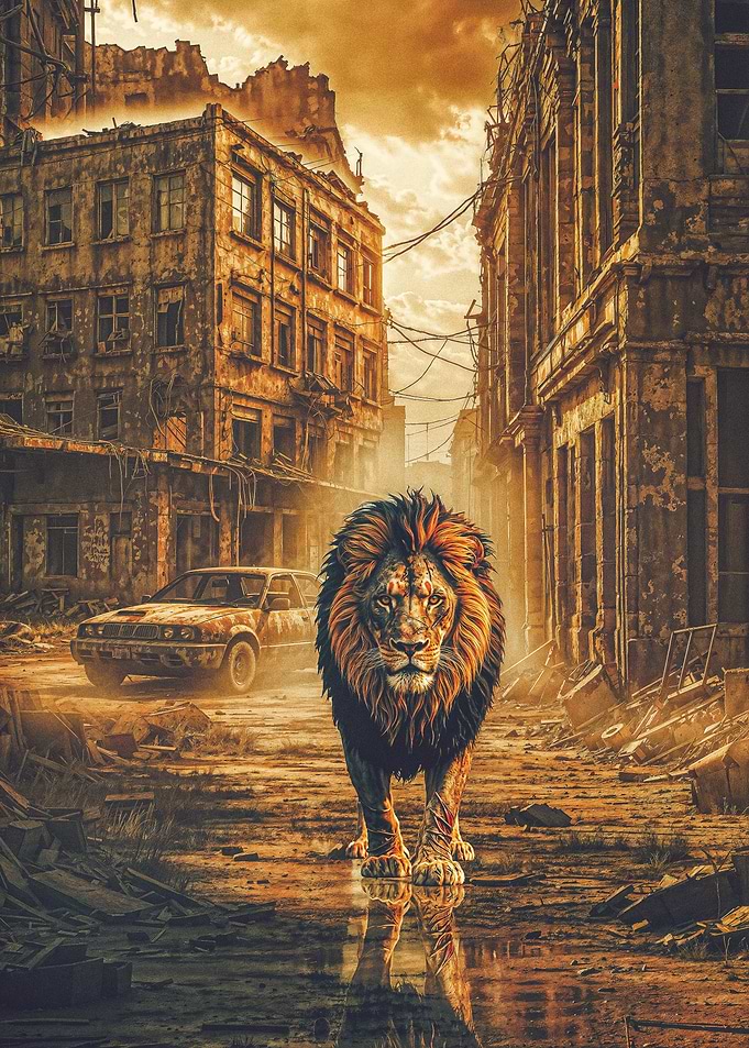 Lion in a post-apocalyptic city