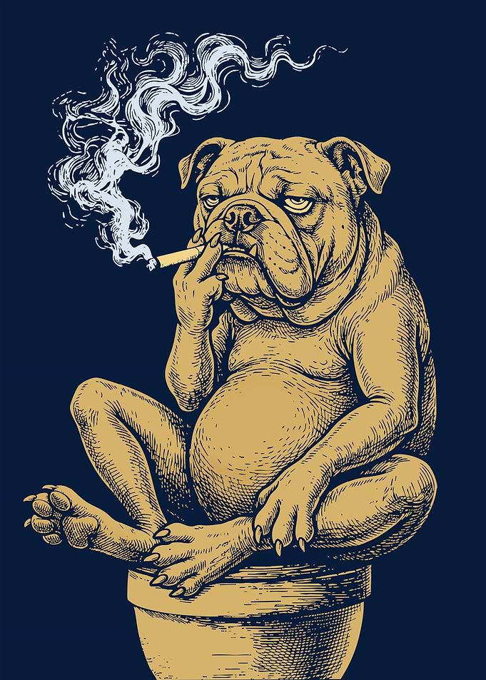 Smoking Bulldog Bathroom Poster — Funny Retro Dog Bathroom Wall Art
