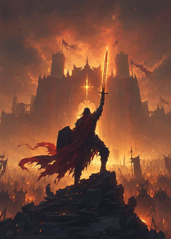 Knight with glowing sword before castle