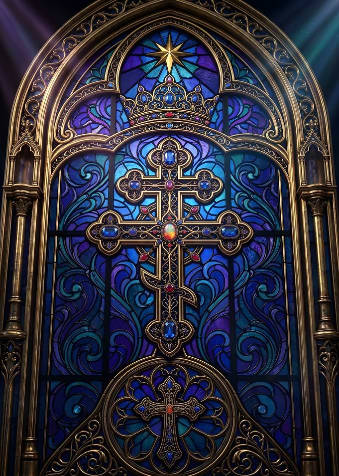 Ornate Stained Glass Cross Window
