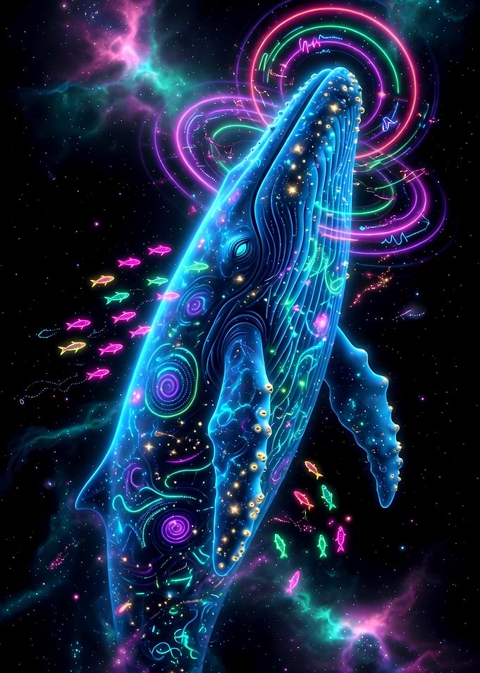 Cosmic Whale with Neon Fish