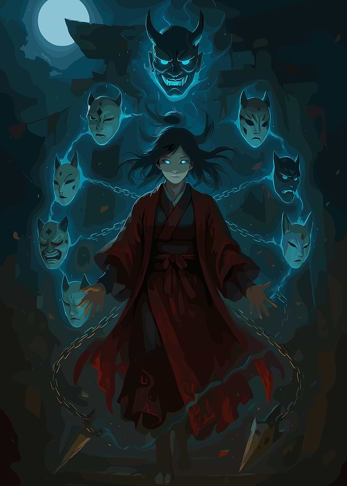 Mysterious Figure with Floating Masks