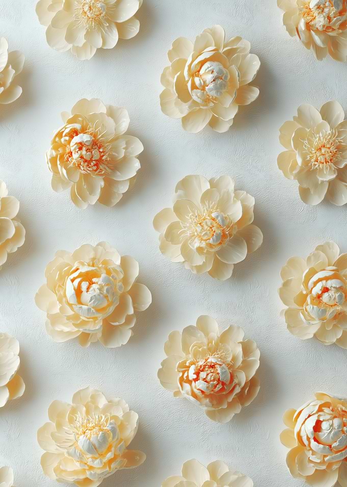 Cream Peony Flowers on White Background