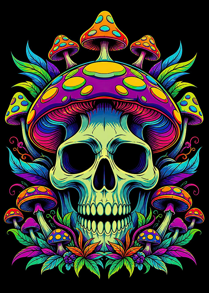 Psychedelic Skull with Mushrooms