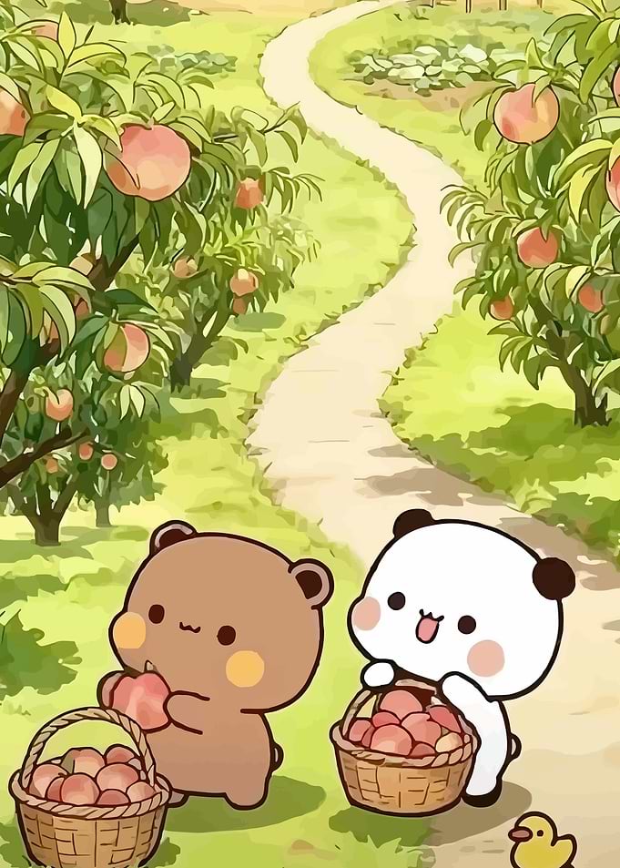 Cute Bears Picking Peaches