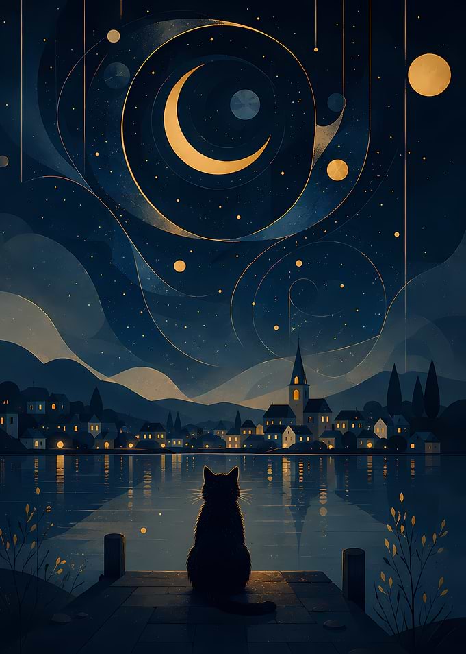 Cat watching a celestial night over a town