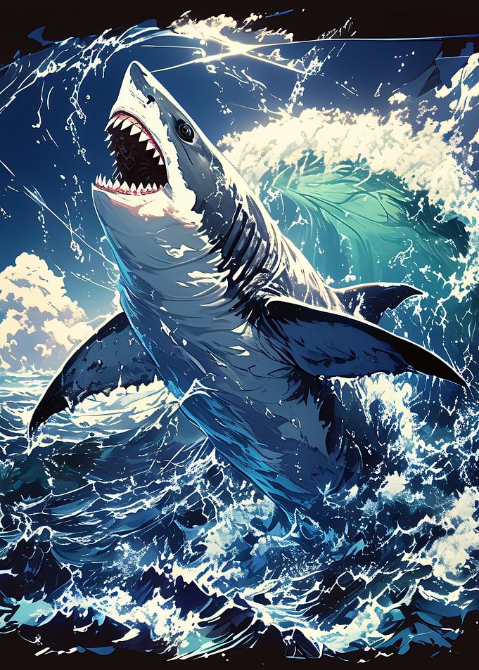 Shark breaching ocean waves