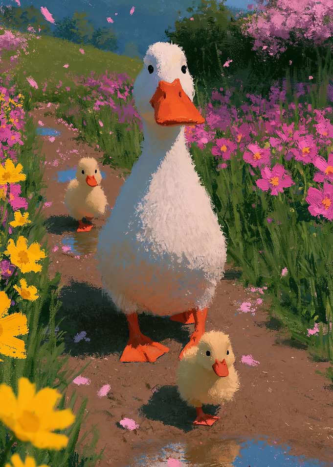 Ducks in a Flower Field