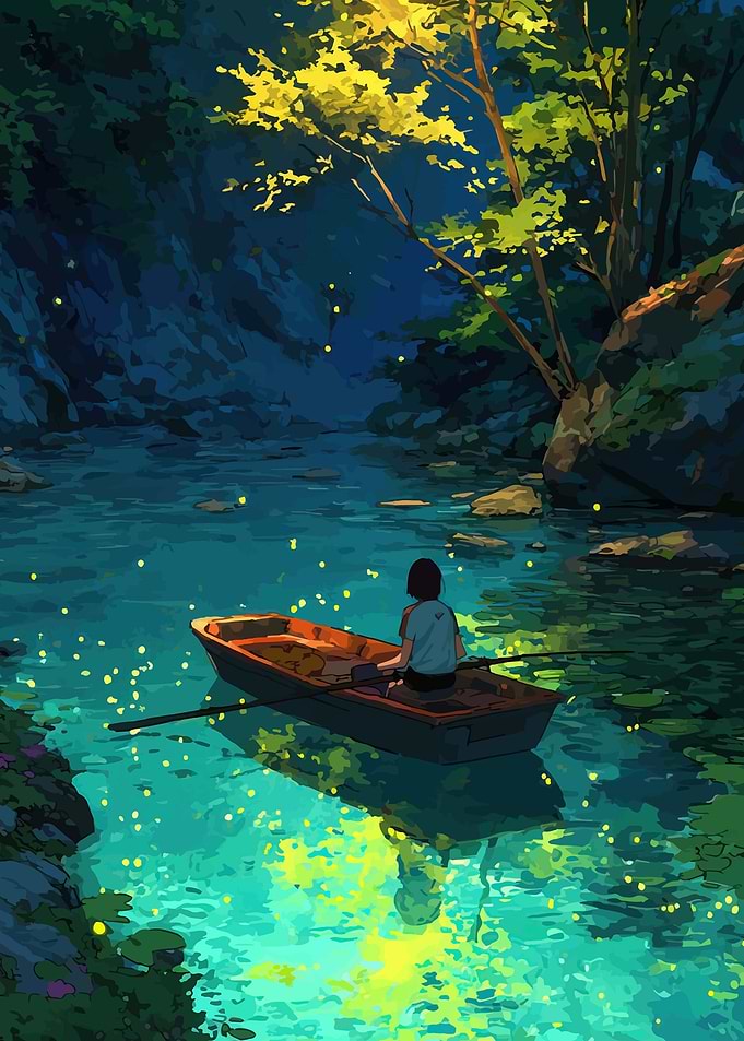Girl in a boat with fireflies