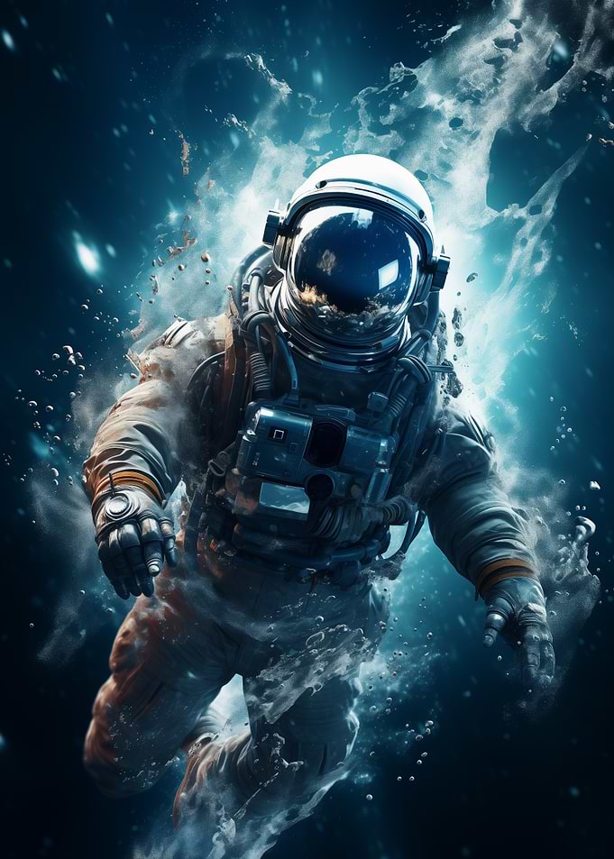 Astronaut Diving Poster — Deep Space Digital Art, Cosmic Spacewalk Print