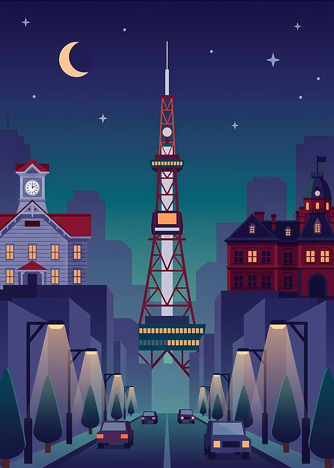 Night cityscape with iconic tower