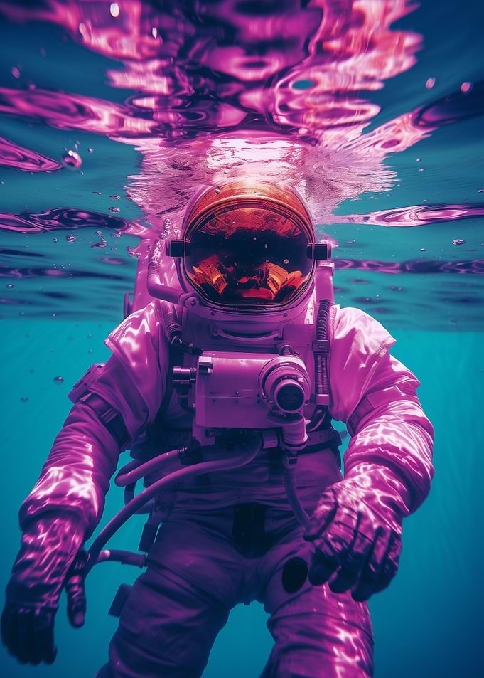 Pink Astronaut Poster — Neon Underwater Space Art, Vaporwave Sci-Fi Wall Print