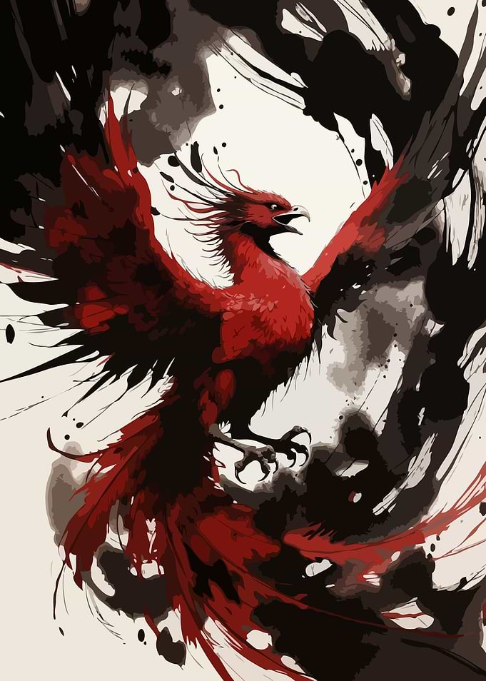 Red Phoenix Ink Painting