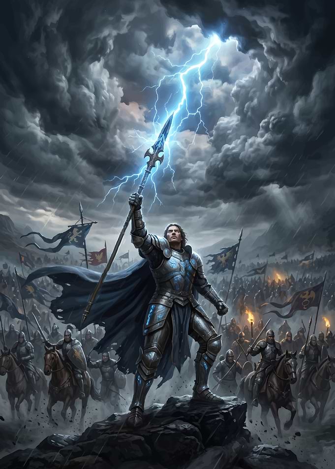 Knight summoning lightning on battlefield