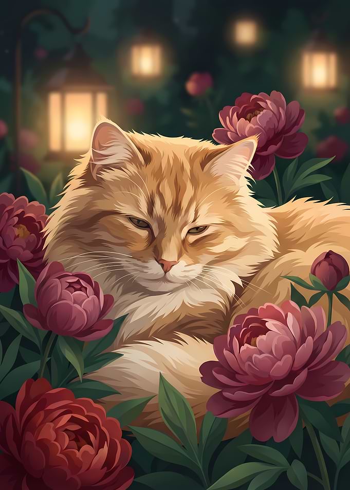 Orange Cat Resting in Peony Garden