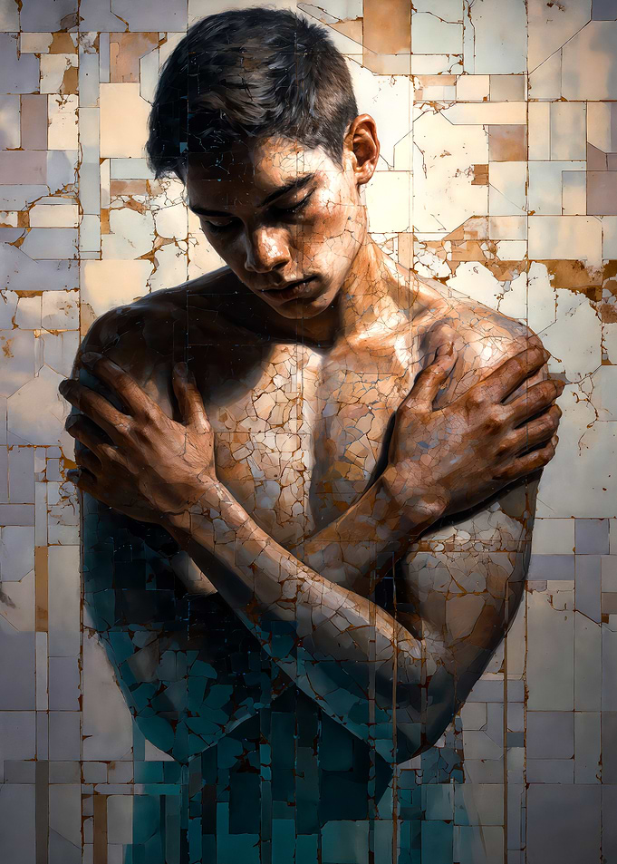 Cracked Mosaic Portrait Man Embracing