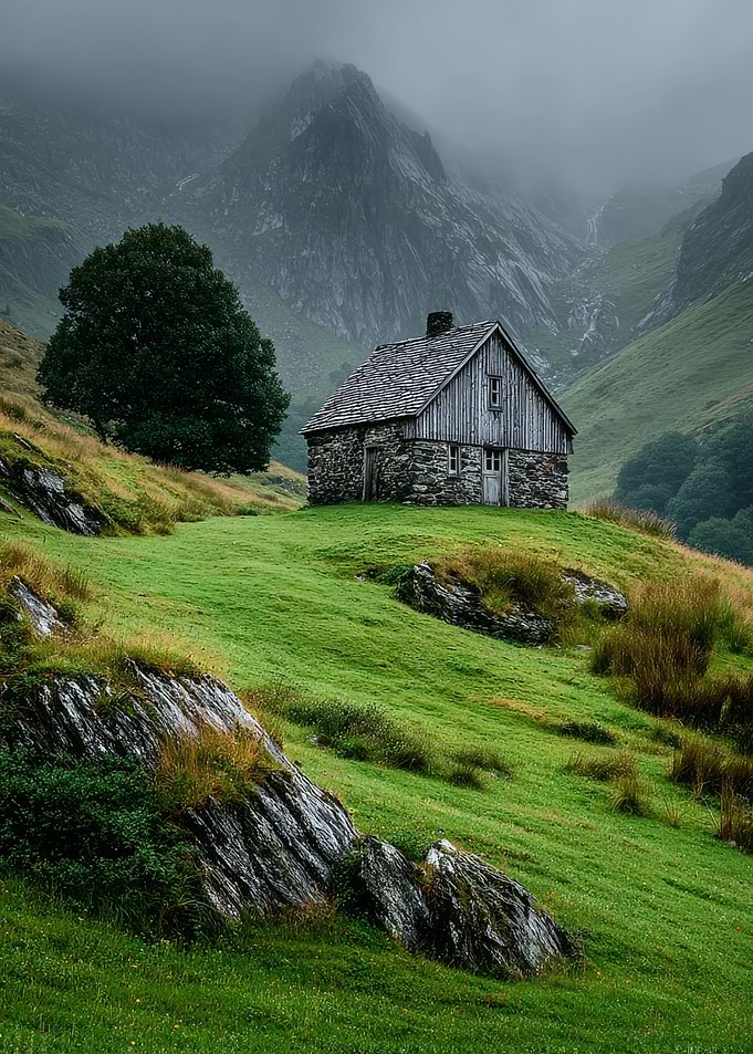 Stone cottage in misty mountains