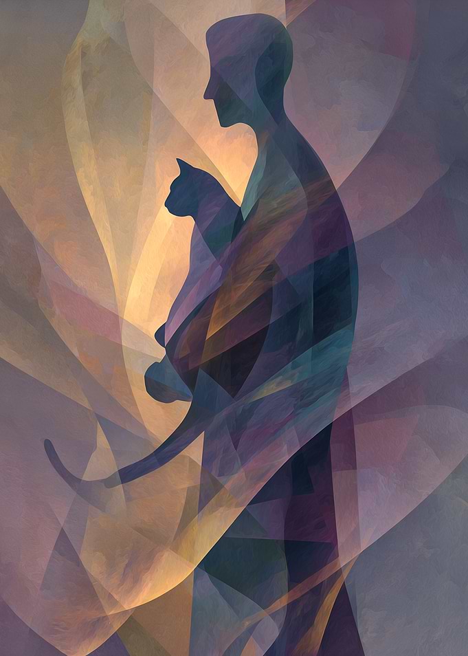 Person holding a cat in abstract art