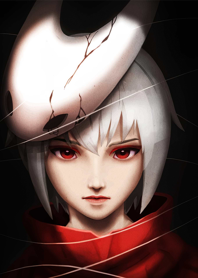 Anime Girl with White Mask and Red Eyes