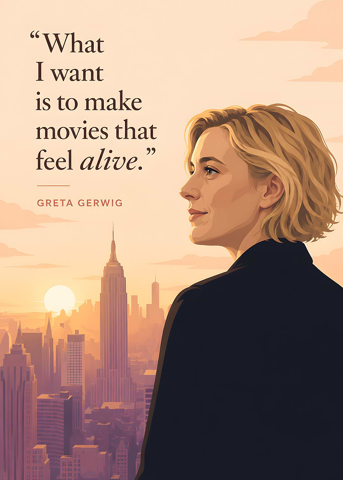 Greta Gerwig Quote with NYC Skyline