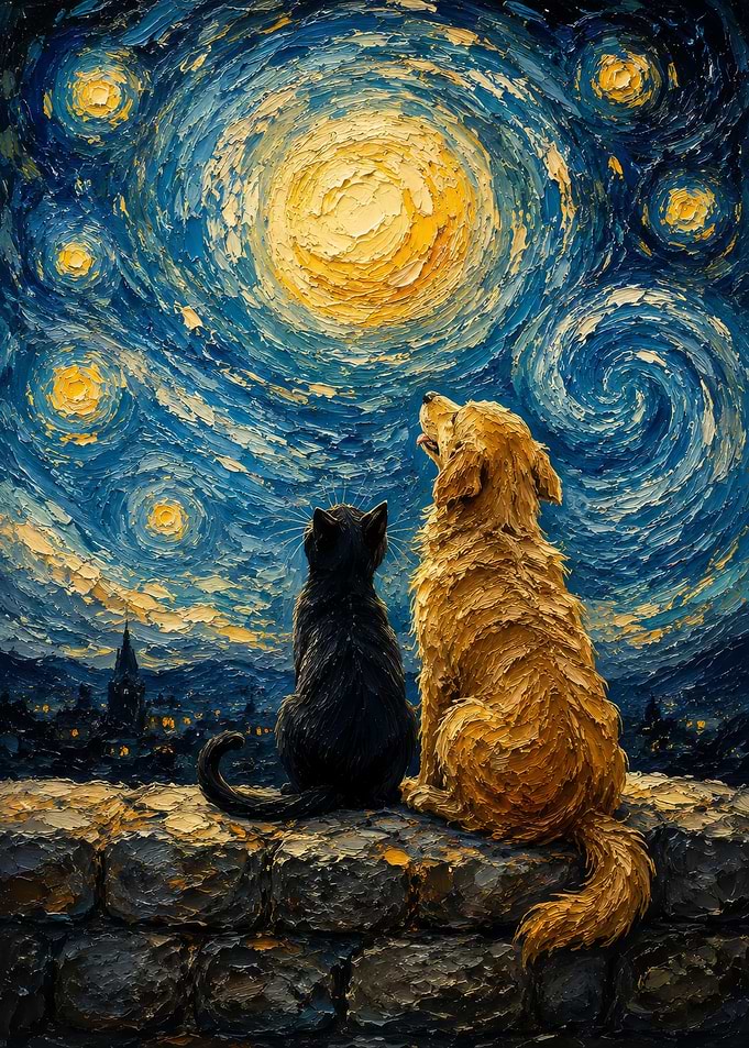 Cat and Dog Under Starry Night Sky