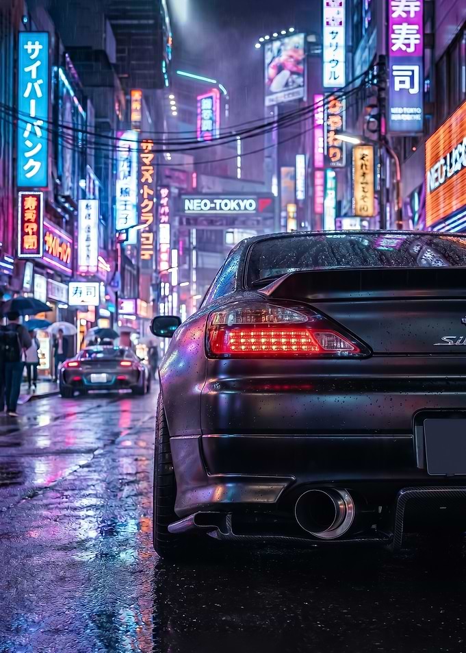 sleek Cyberpunk nissan silvia s15 Neo-Tokyo Street Scene
