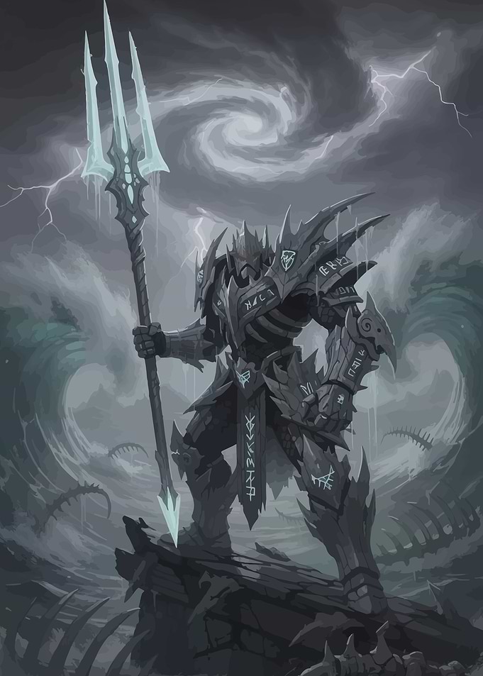 Dark Knight with Trident in Storm