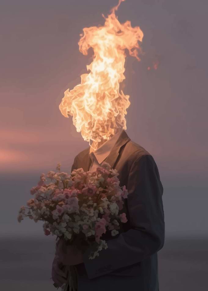 Man with Flaming Head and Flowers