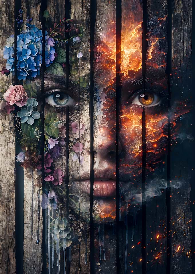 Duality of Nature: Surreal Face Floral Serenity & Fiery Passion Art Print