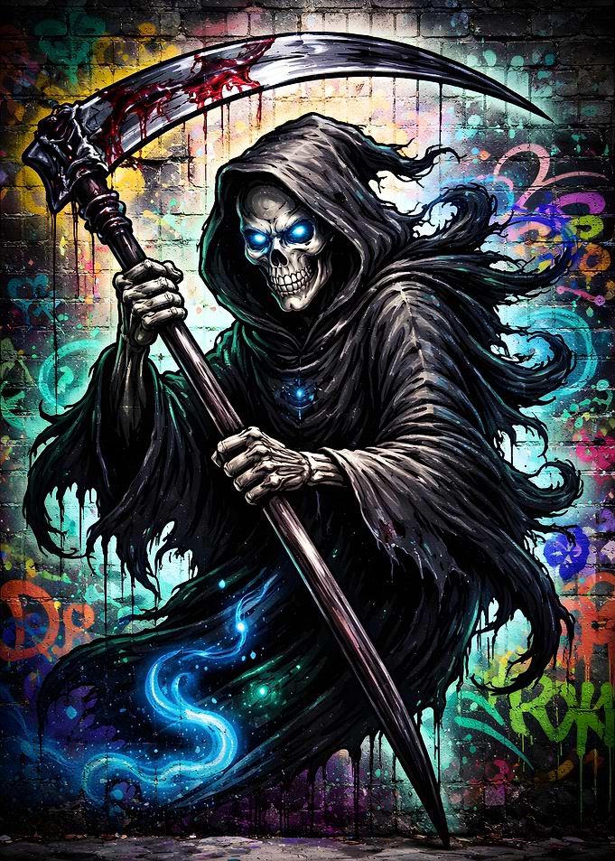 Grim Reaper with Scythe on Graffiti Wall