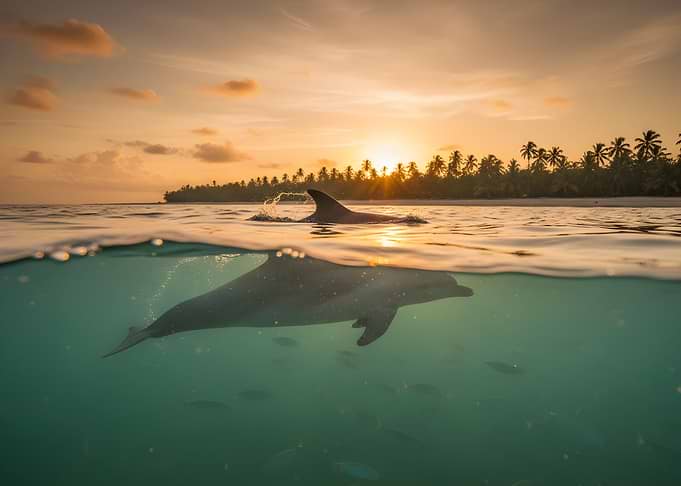 Dolphins swimming at sunset