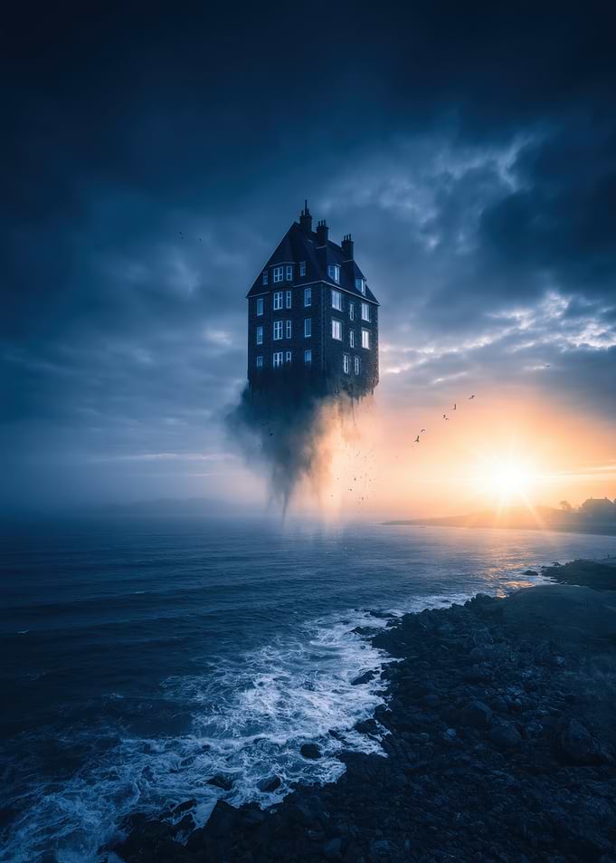 Floating House Over Ocean at Sunset