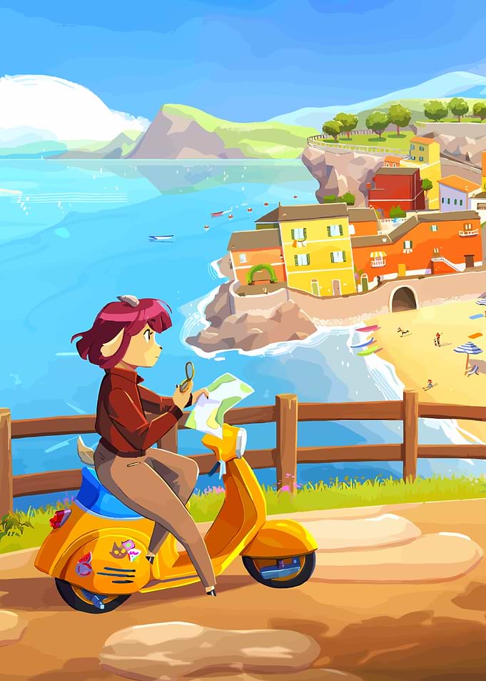 Goat character on a scooter with a map