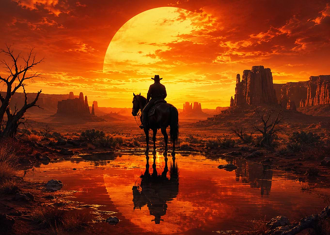 Cowboy at Sunset in the Desert