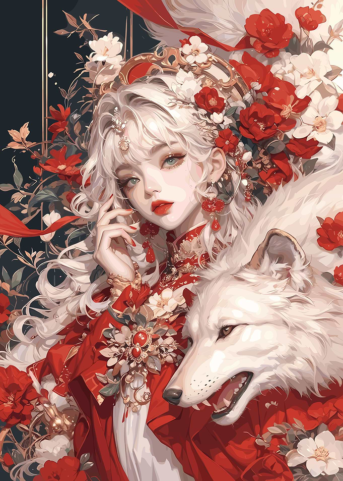Woman with White Wolf and Flowers